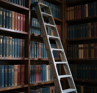 A dramatic, vertical shot of a rolling library ladder leaning against towering bookshelves filled with old, colorful spines. The lighting is moody, with a single beam of light highlighting the texture of the aged paper and gold-leaf lettering. Colors include rich #4A5F5C and deep #1C2826.