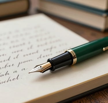 A close-up of a vintage fountain pen resting on a handwritten manuscript. The paper is thick and cream-colored, and the ink is a deep dark green. Background shows blurred rows of books. Colors: #1C2826, #E8E8E4.