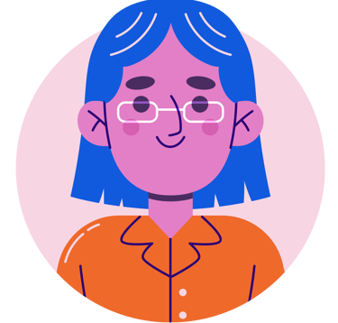 Ilustración de una mujer sonriente con cabello azul y anteojos en un avatar circular. @Freepik.