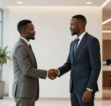 Two business partners in Afrique Centrale / Congolais formal attire shaking hands in a bright, modern lobby with white walls and soft gold lighting. Symbolizing trust and professional partnership.