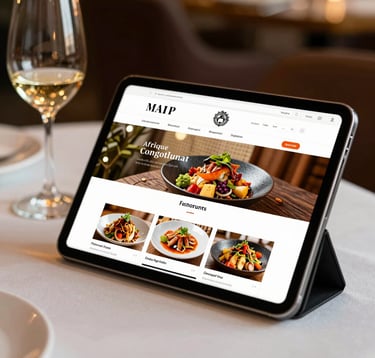 A close-up photograph of a tablet displaying a vibrant gourmet restaurant website, placed on a white tablecloth next to a glass of wine in a refined Afrique Centrale / Congolais dining setting. Warm gold lighting, shallow depth of field.