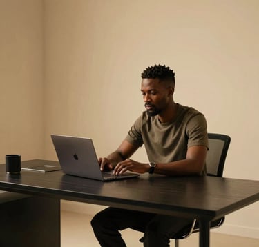 A professional Afrique Centrale / Congolais designer working in a sleek, minimalist studio in Brazzaville. Warm gold lighting on a high-end black desk with a laptop. Sophisticated and modern atmosphere.