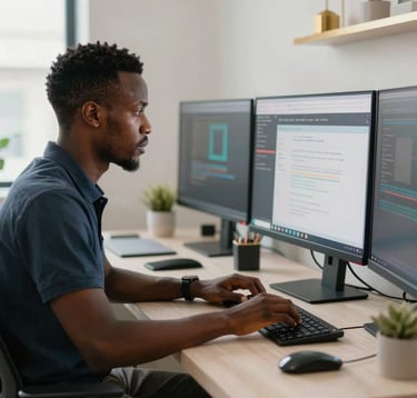 A focused Afrique Centrale / Congolais professional web developer working on a dual-monitor setup in a clean, modern office in Brazzaville. Soft natural light, gold accent decor in the background, professional depth of field.
