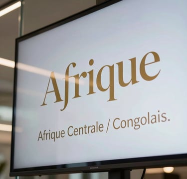 Close-up of a high-resolution screen showing elegant typography and gold elements, reflected in a polished glass surface within a modern Afrique Centrale / Congolais business hub.