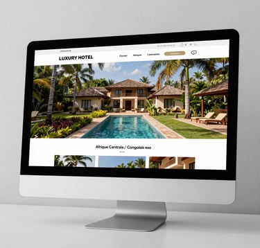 A luxury hotel website displayed on a sleek desktop monitor in a minimalist studio. The website shows high-resolution photos of a beautiful Afrique Centrale / Congolais resort. Lighting is soft and professional.