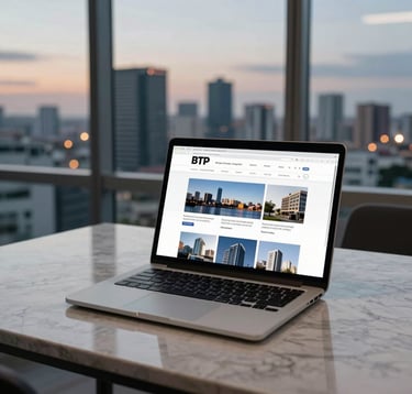 A laptop on a marble desk in a high-rise office building in Brazzaville, displaying a corporate BTP website with project galleries. View of the Afrique Centrale / Congolais city skyline at dusk through the window.