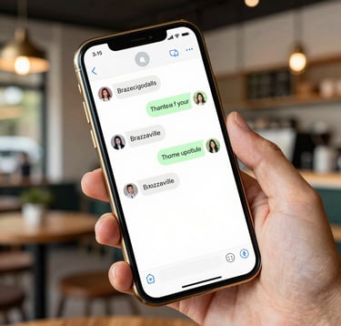 A close-up of a hand holding a high-end smartphone showing a messaging interface, with a blurred background of a trendy café in Brazzaville. Luxury feel, soft lighting, gold accents on the phone case.