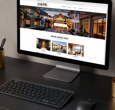 A close-up of a high-end web design workstation in a Afrique Centrale / Congolais setting. Deep black desk, gold accents, and a wide screen showing a professional and elegant hotel website layout.