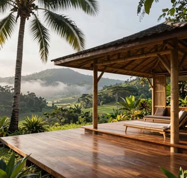 An open-air wellness pavilion with polished wooden flooring, nestled in a lush green valley in Quezon Province. Sunlight gently filters through coconut palms and organic greenery. A clean, modern aesthetic combined with traditional bamboo structures, overlooking the serene and misty Mount Banahaw foothills.