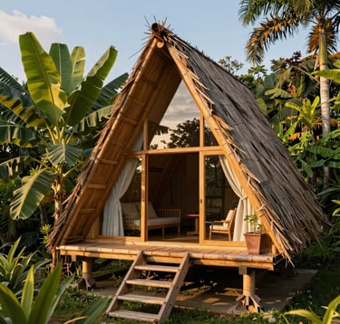 A rustic modern glass-and-bamboo cottage cabin at Kahuni Lucban, beautifully integrated into native tropical foliage and banana plants under soft golden afternoon sunlight in Lucban, Quezon Province.