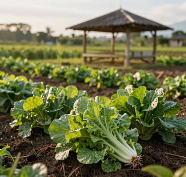 A beautiful real-world photograph of an organic farming plot at Kahuni Lucban in Quezon Province, featuring fresh local crops, vibrant green foliage, and a rustic wooden gazebo in the background under warm afternoon sunlight, showcasing Southeast Asian Filipino farming.