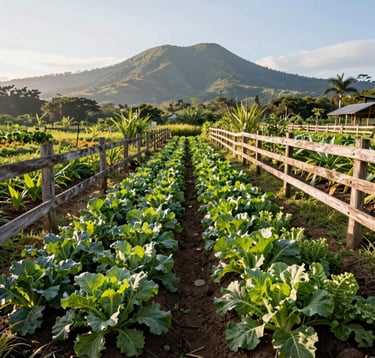 A high-quality photograph of a vibrant organic vegetable garden in Lucban, Quezon Province, with healthy rows of green crops. A rustic wooden fence lines the path, lit by bright morning sunlight. In the background, the serene, natural landscape of Mount Banahaw foothills unfolds under a clear sky. Authentic agricultural retreat vibe with organic earthy tones.