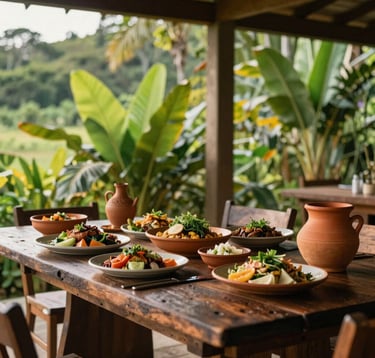 An organic farm-to-table lunch spread laid out on a rustic dark wood table in an open-air pavilion in Lucban, Quezon Province. Surrounded by vibrant green tropical plants, featuring fresh local dishes, handmade earthenware pottery, and earthy warm ochre details under soft afternoon light.