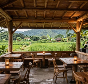 An open-air lounge at Kahuni, built with premium bamboo and local wood, looking out over lush green fields in Lucban, Quezon Province, Southeast Asian interior design, warm ambient light, organic earthy feel.