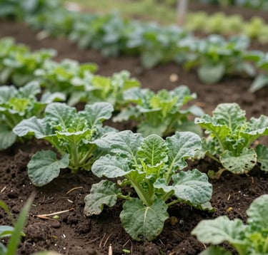 Close-up photo of hand-crafted agricultural organic farming beds with heirloom local vegetables, soft morning light in Lucban, Quezon Province, Southeast Asian farm, lush foliage and rich dark soil.