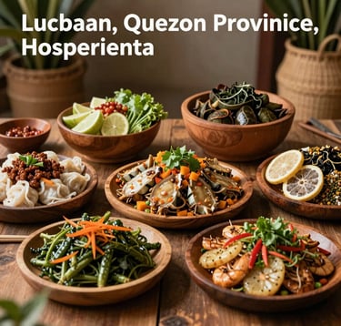 A mouth-watering photograph of traditional culinary heritage in Lucban, Quezon Province, with healthy, farm-to-table organic food presented beautifully on wooden platters amidst natural rustic decor, evoking authentic warm Filipino hospitality.