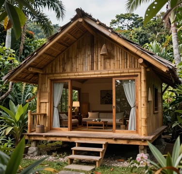 A high-quality photo of a cozy, rustic cabin built from natural bamboo and local wood, nestled within tropical gardens at a retreat in Quezon Province, with large glass windows showing a clean, modern interior, highlighting Southeast Asian design.