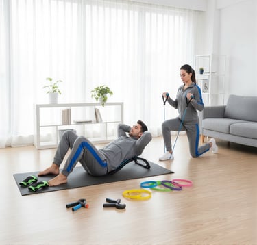 Home fitness gadgets being used for exercise at home by a couple