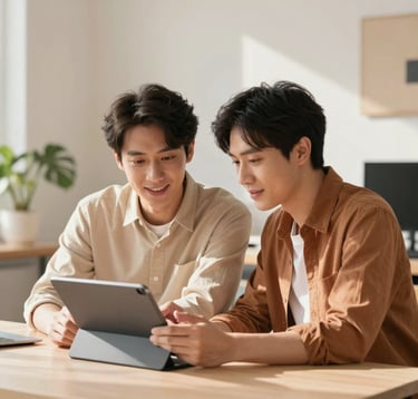 Authentic and warm interaction between a software engineer and a client in a sun-drenched, modern studio. Cinematic lighting highlights the genuine connection and storytelling vibe. The color palette includes soft sand tones (#F7F4E9) and rich terracotta accents (#D1A689). The focus is on their shared enthusiasm as they review a project outcome on a tablet.