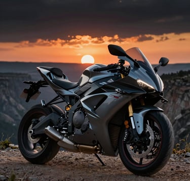 A close-up artistic shot of a sleek charcoal sport bike parked on a cliff edge overlooking a vast Global / International valley. The bike reflects the burnt orange of the setting sun against a deep black sky background.