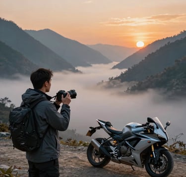 A lifestyle shot of a traveler in a Charcoal Grey jacket holding a professional camera, overlooking a vast, misty valley at dawn. A sport bike is parked nearby. Cinematic lighting with Electric Orange highlights in the sky. Global / International mountain landscape.