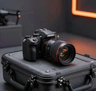 A professional camera and a sleek drone resting on a charcoal grey travel case. The setting is a modern Global / International studio with moody lighting and subtle vivid orange accent lights in the background.