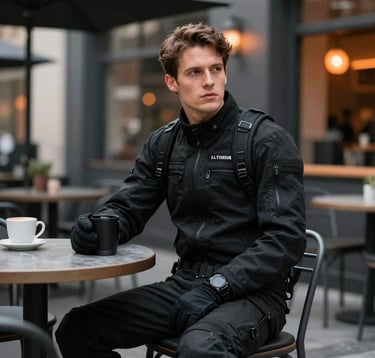 A lifestyle shot of a traveler in professional black riding gear sitting at a modern charcoal-themed outdoor cafe in a Global / International city, with cinematic soft grey and burnt orange lighting in the background.