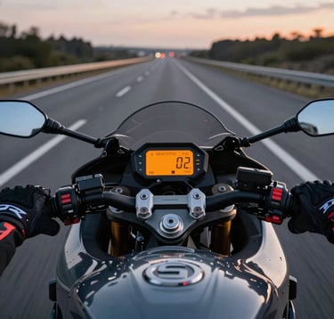 A close-up POV shot of a rider's hands in professional gloves gripping the handlebars of a sport bike. The digital dashboard is illuminated in vivid orange against the charcoal grey bike frame. A Global / International highway stretches ahead into the dusk.