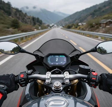 A first-person perspective (POV) from a rider's helmet, showing gloved hands on the handlebars of a sport bike. The dashboard is sharp and illuminated against a blurred Global / International mountain highway backdrop. High-speed cinematic blur suggests thrilling movement.