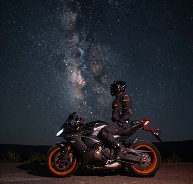 A wide-angle landscape photograph of a traveler standing next to their charcoal sport bike under a vast Global / International night sky filled with stars. Moody tones with burnt orange accents reflecting off the bike's metallic surfaces.