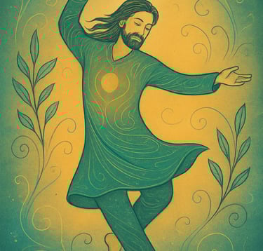 dancing man in flow, legs swirling, hair flowing
