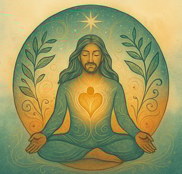 a man sitting in a meditation position with a heart in the middle of his chest