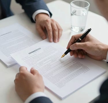 A close-up photograph of a professional financial consultant's hands reviewing complex financial statements and business contracts on a sleek white desk. A high-end fountain pen and a glass of water sit nearby, emphasizing attention to detail and professional credibility in a US corporate setting.