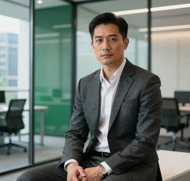 Professional portrait of a male executive in a tailored charcoal suit, sitting in a contemporary glass-walled office in a US metropolitan area. He projects confidence and authority. The background is a blurred high-end office interior with accents of rich royal green and crisp white.