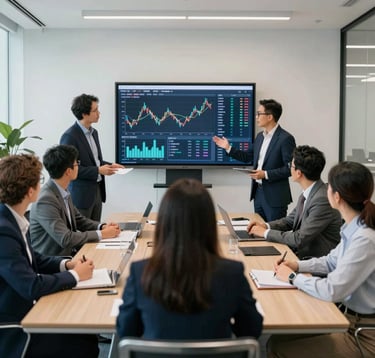 A professional setting in a North American corporate office where a diverse group of business experts are engaged in an energetic strategy meeting. They are dressed in premium business attire, using a large interactive screen showing market data in a modern, brightly lit boardroom.