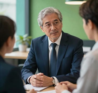 A professional portrait of a senior financial advisor in a tailored navy suit having a focused discussion with a client in a bright, modern US office. The composition is intimate and projects authority and trust, with vibrant teal and rich royal green highlights in the office decor.