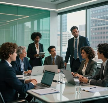 A cinematic shot of a group of diverse North American professionals collaborating in a high-tech glass boardroom with a view of a prestigious city center. The lighting is energetic and dynamic, with rich royal green and vibrant teal tones integrated into the modern architectural elements.
