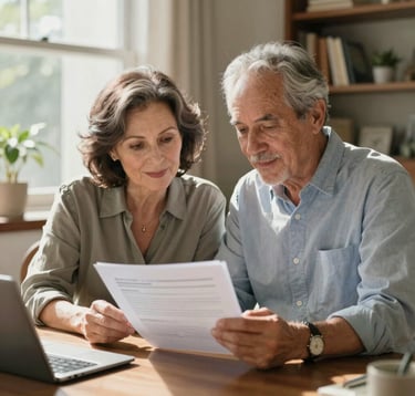 A professional North American couple in their early sixties, looking confident and relaxed in a high-end, sunlit home office. They are reviewing financial planning documents on a tablet together, conveying a sense of security and successful retirement planning.