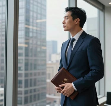 A sharp, high-contrast photograph of a financial advisor in a tailored navy suit standing before a large window in a skyscraper office. The advisor is looking thoughtfully out at the city, holding a leather-bound portfolio, symbolizing leadership and forward-thinking wealth strategy in the US market.