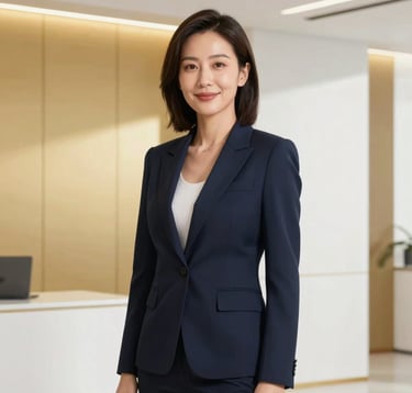 Sophisticated studio portrait of a female executive with an authoritative and welcoming expression. She is wearing a premium navy blazer. The setting is a minimalist North American executive suite with electric gold and crisp white design elements.