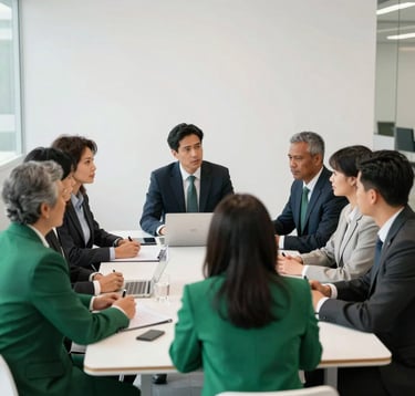 A diverse group of North American professionals in corporate attire engaged in a strategic meeting around a large table. The scene is bright and dynamic, featuring modern architectural elements and a palette of royal green and crisp white.