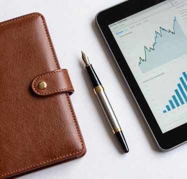 A top-down, clean flat-lay photography of a leather-bound portfolio, a premium fountain pen, and a high-end tablet showing professional financial charts. The lighting is crisp and modern, featuring electric gold accents and a white background, reflecting high-end US corporate culture.