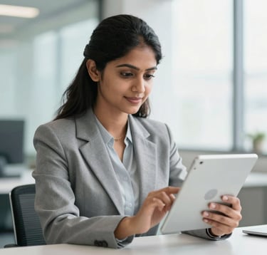 A professional South Asian woman in a bright, contemporary Indian office, looking at a digital tablet with a focused and confident expression, soft natural light, clean corporate background.