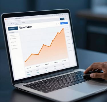 Close-up of a laptop screen displaying a professional e-commerce sales dashboard with rising orange trend lines. A South Asian professional's hand is visible on a mouse, set in a sleek, dark blue themed corporate environment.