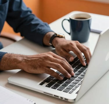 A close-up photograph of a South Asian professional's hands working on a modern laptop. The desk is organized with a notebook and a dark blue coffee mug. The setting is a bright, professional workspace with orange accent colors in the background.