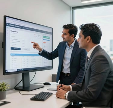 A high-quality photo of two South Asian entrepreneurs in professional business attire, reviewing digital marketplace metrics on a large wall-mounted monitor in a modern Indian corporate boardroom. Bright, confident atmosphere.