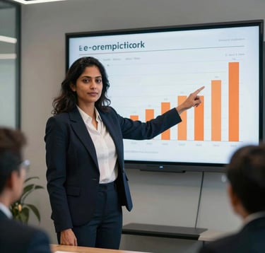 A confident South Asian professional woman standing in a modern corporate meeting room, pointing toward a digital screen displaying e-commerce growth metrics and orange bar graphs. The atmosphere is professional and results-driven.