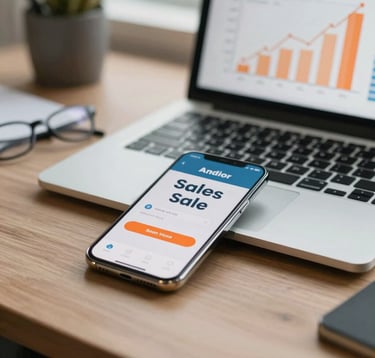 A close-up shot of a modern office desk with a smartphone showing a sales notification and a laptop screen displaying a line graph trending upwards with orange accents, set in a professional Indian workspace.