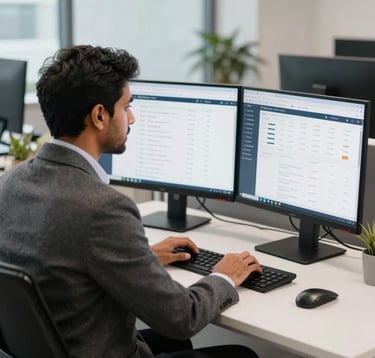 A professional South Asian man in a business blazer working at a sleek workstation with dual monitors showing e-commerce marketplace analytics, modern corporate office setting, bright and clean.