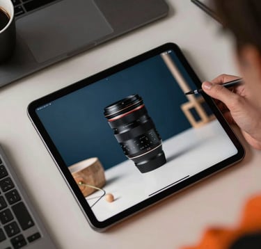 A top-down view of a professional designer's workspace featuring a tablet showing professional product photography of consumer goods. High-quality lighting and a clean, modern aesthetic with hints of dark blue and orange.